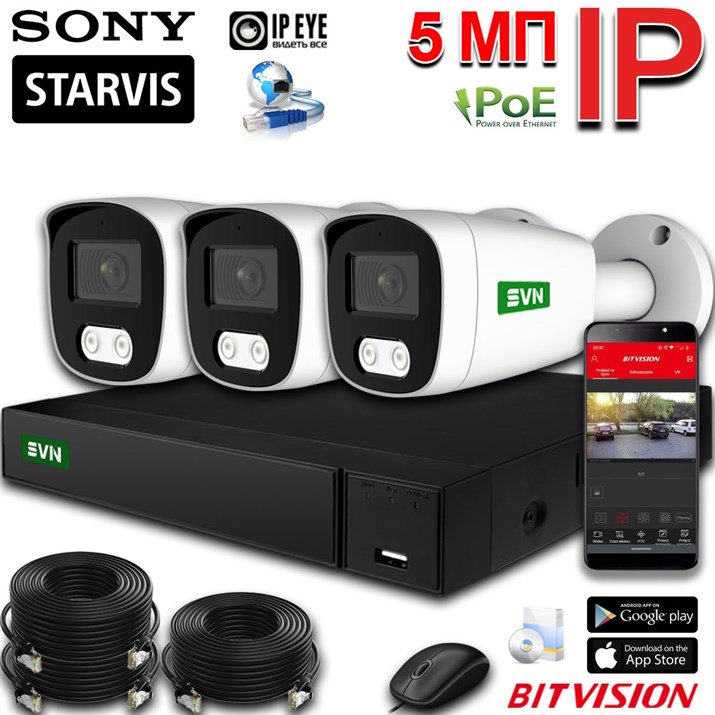 Комплект IP-камер SONY 5 Мп с записью звука (3 камеры, макс.9 камер) «Парковка 3» - фото 11315
