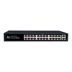 26-портовый РоЕ коммутатор: 24 портов PoE 10/100 Мбит/с (до 300 Вт) + 2 порта UpLink 100/1000 Мбит/с + 1 порт SFP 100/1000 Мбит/с