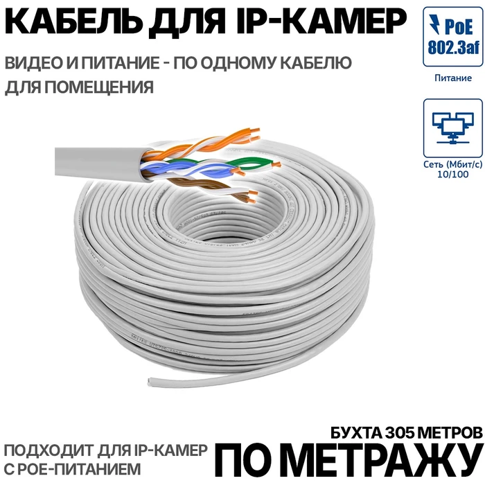 Кабель для подключения IP камер в помещении (по метражу) U/UTP-CAT5e 4 ПАРЫ СЕРЫЙ